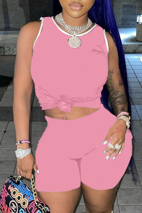 Pink Fashion Casual Solid Basic O Neck Sleeveless Two Pieces