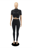 Black Fashion Casual Solid Asymmetrical Half A Turtleneck Short Sleeve Two Pieces