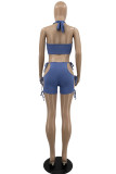 Grey Sexy Solid Bandage Hollowed Out Backless Halter Sleeveless Two Pieces
