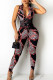Pink Sexy Print Patchwork Frenulum V Neck Skinny Jumpsuits