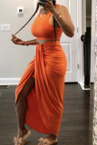 Yellow Fashion Casual Solid Asymmetrical O Neck Sleeveless Two Pieces