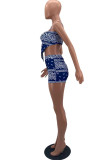 Blue Sexy Print Patchwork Backless Spaghetti Strap Sleeveless Two Pieces