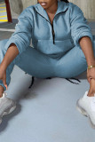 Deep Blue Fashion Casual Solid Zipper Turndown Collar Two Pieces