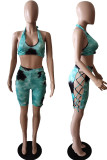 Red Sexy Print Hollowed Out Patchwork Frenulum Halter Sleeveless Two Pieces Swimwear