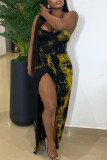 Yellow Fashion Sexy Print Backless Slit Halter Sleeveless Dress