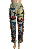 Light Green Fashion Casual Print Tassel Regular High Waist Trousers