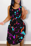 Black Sexy Patchwork Tie-dye O Neck Waist Skirt Dresses
