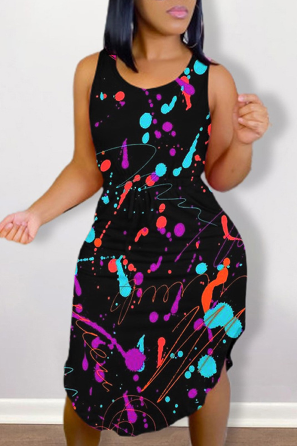 Black Sexy Patchwork Tie-dye O Neck Waist Skirt Dresses