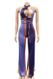 Red Sexy Print Hollowed Out Patchwork Frenulum Cardigan Halter Straight Jumpsuits
