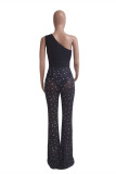 Black Sexy Patchwork See-through One Shoulder Regular Jumpsuits