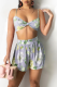 Yellow Sexy Print Patchwork Spaghetti Strap Sleeveless Two Pieces