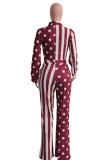 Burgundy Fashion Casual Print Patchwork Turndown Collar Regular Jumpsuits