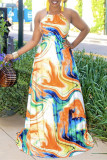 Orange Fashion Sexy Print Backless Spaghetti Strap Sleeveless Dress