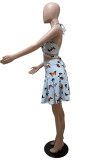 Blue Red Fashion Sexy Print Backless Strap Design Halter Sleeveless Two Pieces