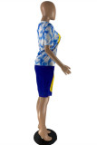 Blue Fashion Casual Print Basic O Neck Short Sleeve Two Pieces