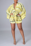 Yellow Casual Print Patchwork V Neck Loose Rompers