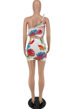 White Sexy Print Patchwork One Shoulder Sleeveless Two Pieces