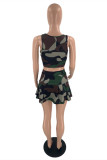 Army Green Sexy Sportswear Camouflage Print Vests U Neck Sleeveless Two Pieces