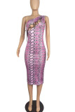Leopard Print Sexy Print Bandage Hollowed Out Patchwork Oblique Collar Pencil Skirt Dresses