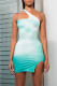 Light Green Sexy Gradual Change Print Backless Slit One Shoulder Sleeveless Dress