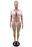 Pink Fashion Sexy Solid Hollowed Out Strap Design Swimwears