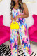 Red Blue Elegant Print Patchwork Spaghetti Strap Loose Jumpsuits
