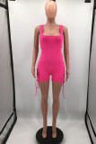 Blue Fashion Sexy Solid Backless Strap Design Square Collar Skinny Romper