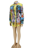 Multicolor Casual Print Patchwork Buckle Without Belt Turndown Collar Top (Not Contain The Belt)