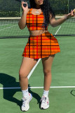 Orange Casual Sportswear Plaid Print Vests U Neck Sleeveless Two Pieces