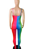 Red Casual Gradual Change Print Patchwork Spaghetti Strap Skinny Jumpsuits