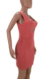 Red Sexy Solid Ripped Hollowed Out Patchwork O Neck Pencil Skirt Dresses
