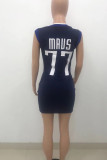 Deep Blue Casual Sportswear Letter Print Patchwork V Neck Vest Dress