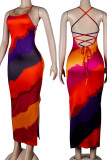 Orange Sexy Print Split Joint Frenulum Slit Spaghetti Strap Pencil Skirt Dresses