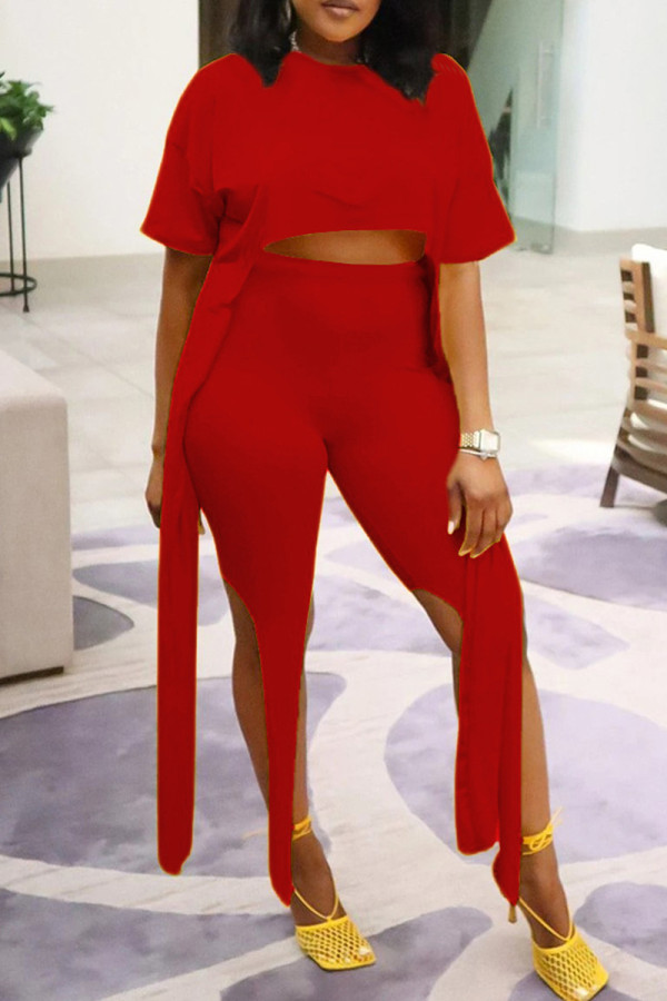 Red Fashion Casual Solid Asymmetrical O Neck Short Sleeve Two Pieces