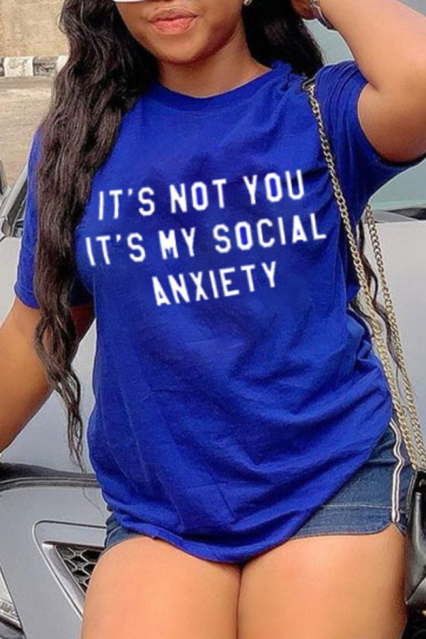 Royal Blue Fashion Casual Letter Print Basic O Neck T-Shirts