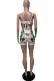 Blue Sexy Print Hollowed Out Halter Skinny Rompers