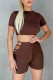 Brown Casual Solid Hollowed Out Patchwork O Neck Short Sleeve Two Pieces
