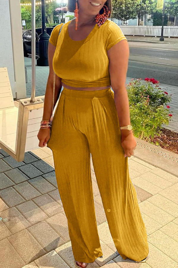 Yellow Casual Solid Patchwork O Neck Short Sleeve Two Pieces