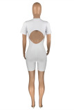 White Sexy Casual Solid Backless Zipper Collar Skinny Romper