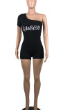Red Casual Letter Print Patchwork Oblique Collar Skinny Rompers
