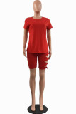 Red Sexy Solid Ripped Bandage O Neck Short Sleeve Two Pieces