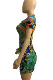 Green Casual Print Patchwork Zipper Collar Pencil Skirt Dresses