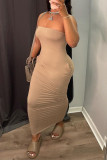 Khaki Sexy Casual Solid Backless Strapless Sleeveless Dress
