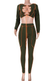 Burgundy Sexy Solid Hollowed Out Patchwork Frenulum O Neck Long Sleeve Two Pieces