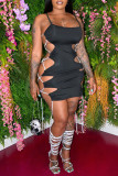 Black Fashion Sexy Solid Hollowed Out Backless Spaghetti Strap Sleeveless Dress