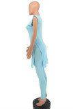 Purple Fashion Casual Solid Slit O Neck Sleeveless Two Pieces