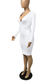 Color Blue Sexy Solid Patchwork V Neck Pencil Skirt Dresses