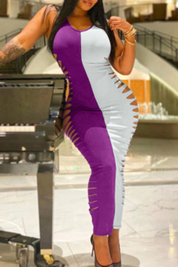 Purple Fashion Sexy Patchwork Ripped O Neck Vest Dress