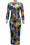 Multicolor Sexy Print Patchwork Half A Turtleneck Pencil Skirt Dresses