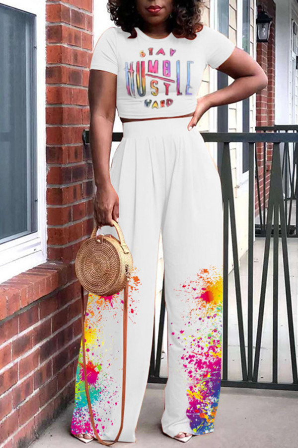 White Fashion Casual Print Basic O Neck Short Sleeve Two Pieces